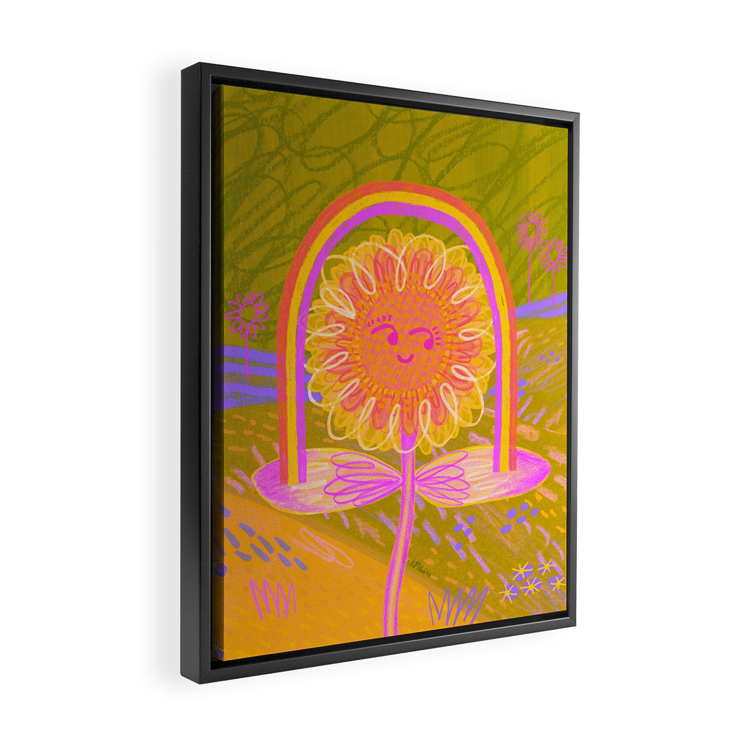 Retro Sunflower & Rainbow in Green & Pink Framed Canvas Print Gallery Image 2
