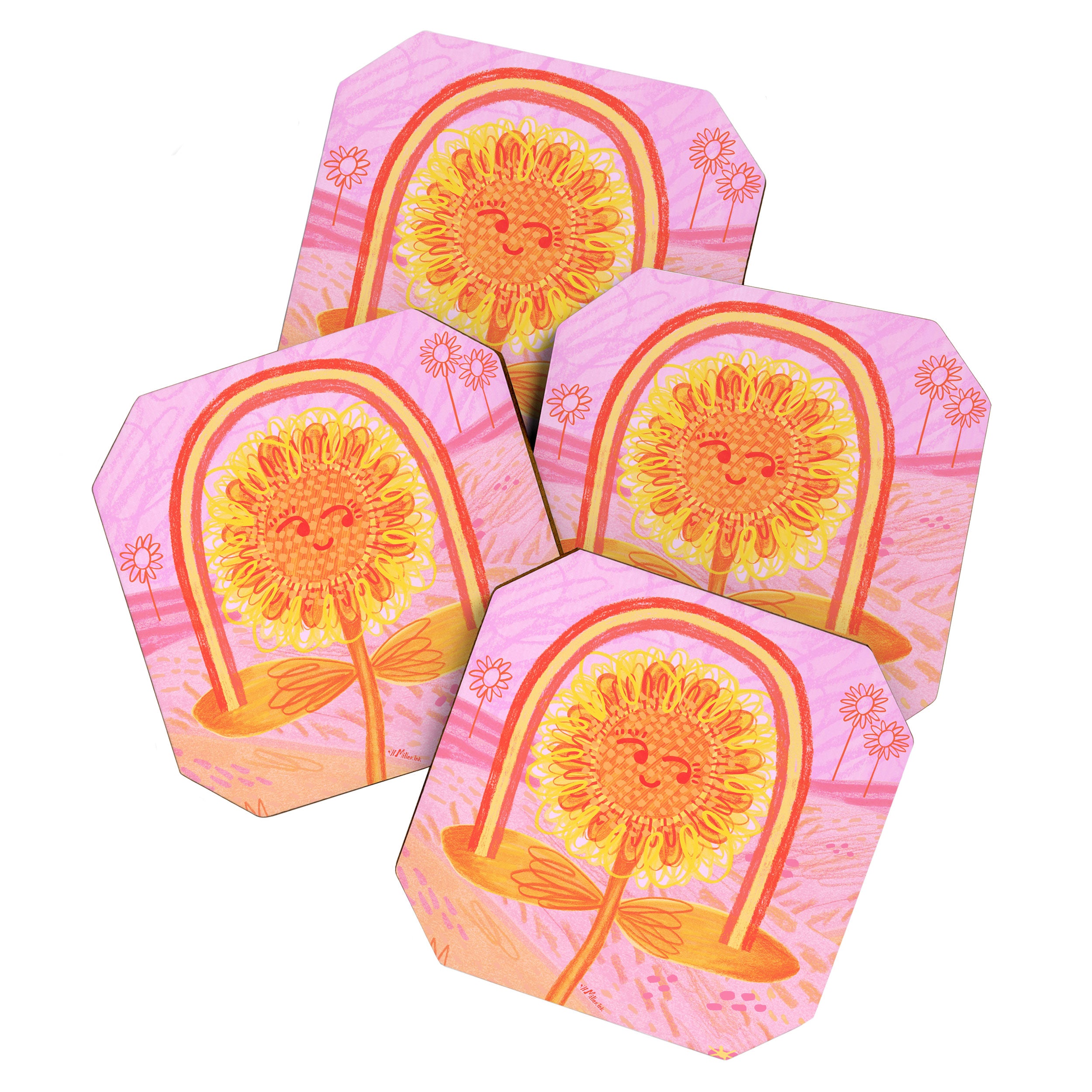 Retro Sunflower & Rainbow in Pink Coaster Gallery Image 1