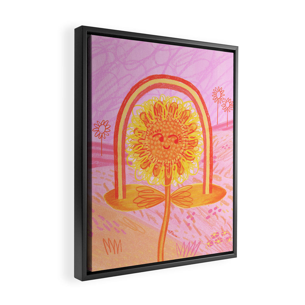 Retro Sunflower & Rainbow in Pink Framed Canvas Print Gallery Image 2