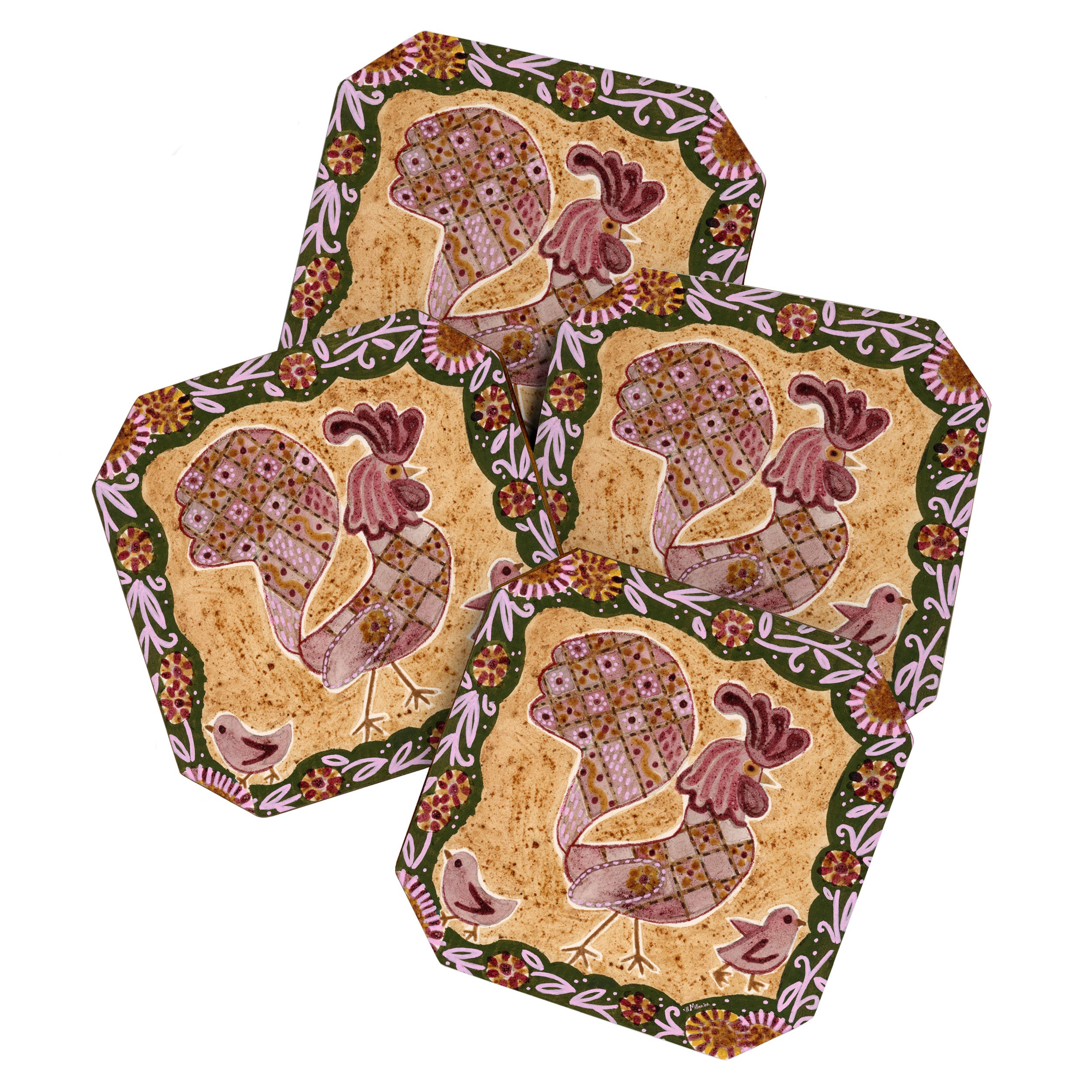 Rooster Painting in Forest Green - Folk Art Style Coaster Gallery Image 1