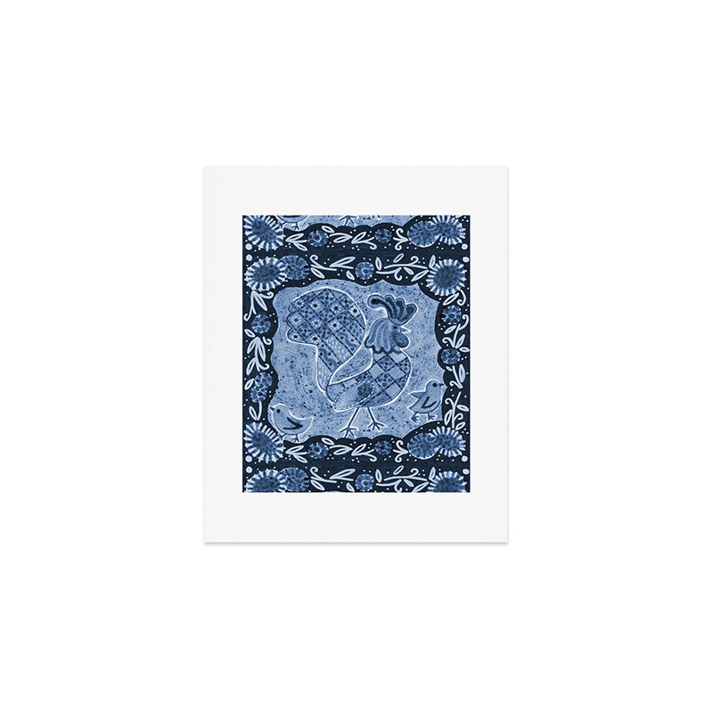 Rooster Painting in Navy Blue - Folk Art Style Art Print Gallery Image 1