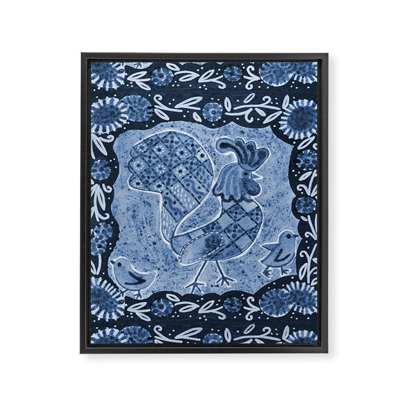 Rooster Painting in Navy Blue - Folk Art Style Framed Canvas Print Gallery Image 8