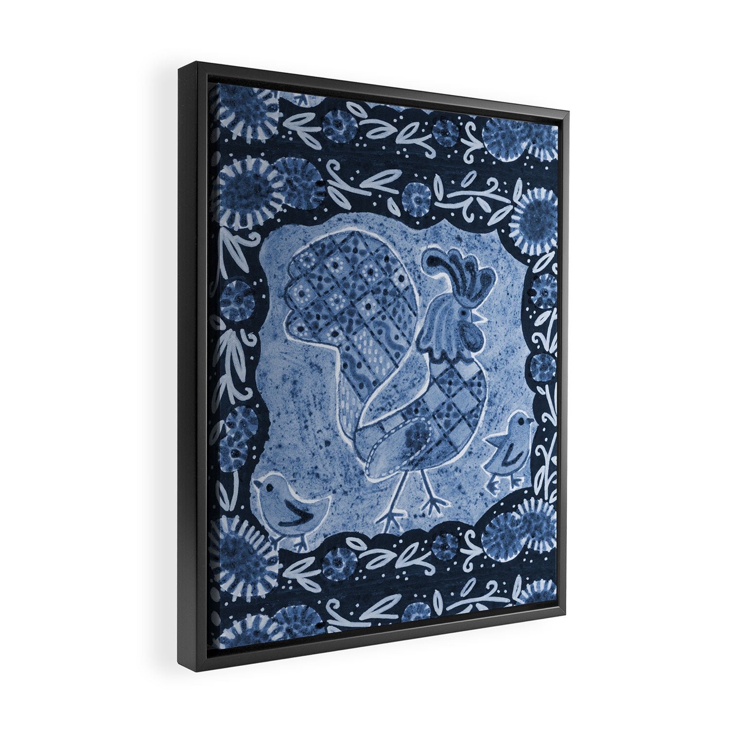 Rooster Painting in Navy Blue - Folk Art Style Framed Canvas Print Gallery Image 2