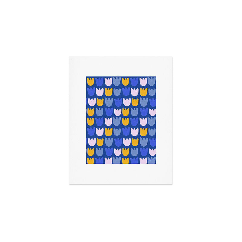 Rows of Tulips in Bloom in Blue & Mustard Yellow Art Print Gallery Image 1