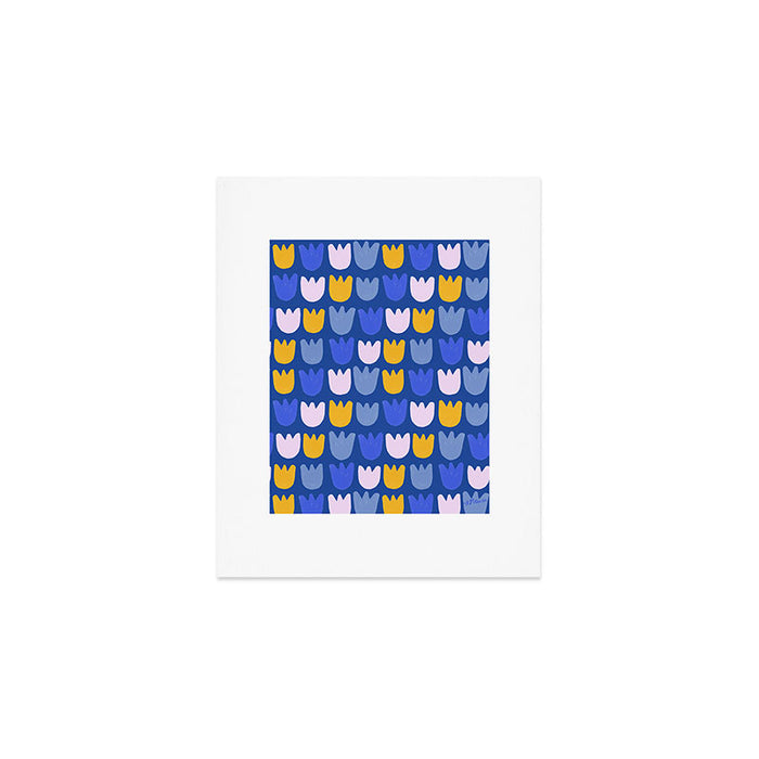 Rows of Tulips in Bloom in Blue & Mustard Yellow Art Print Gallery Image 1