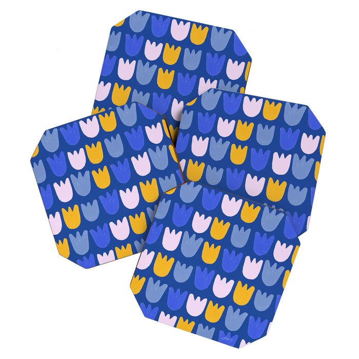 Rows of Tulips in Bloom in Blue & Mustard Yellow Coaster Gallery Image 1
