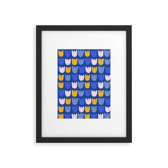 Rows of Tulips in Bloom in Blue & Mustard Yellow Framed Art Print Gallery Image 1
