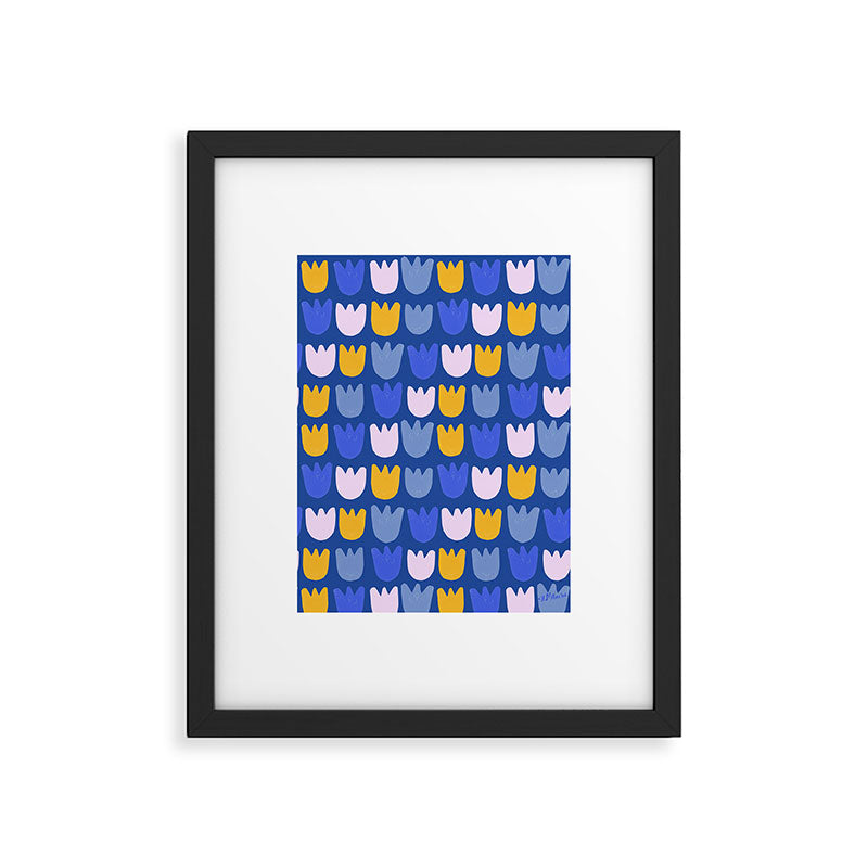 Rows of Tulips in Bloom in Blue & Mustard Yellow Framed Art Print Gallery Image 5