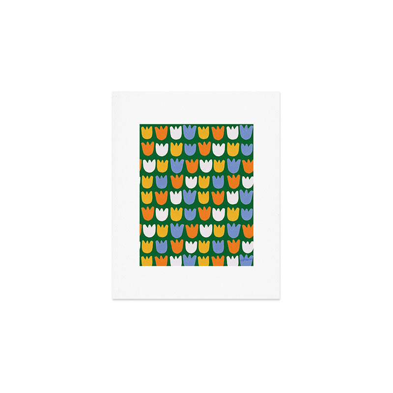 Rows of Tulips in Bloom in Forest Green & Orange Art Print Gallery Image 1