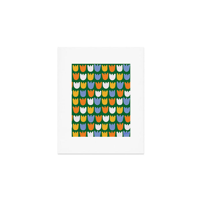 Rows of Tulips in Bloom in Forest Green & Orange Art Print Gallery Image 1