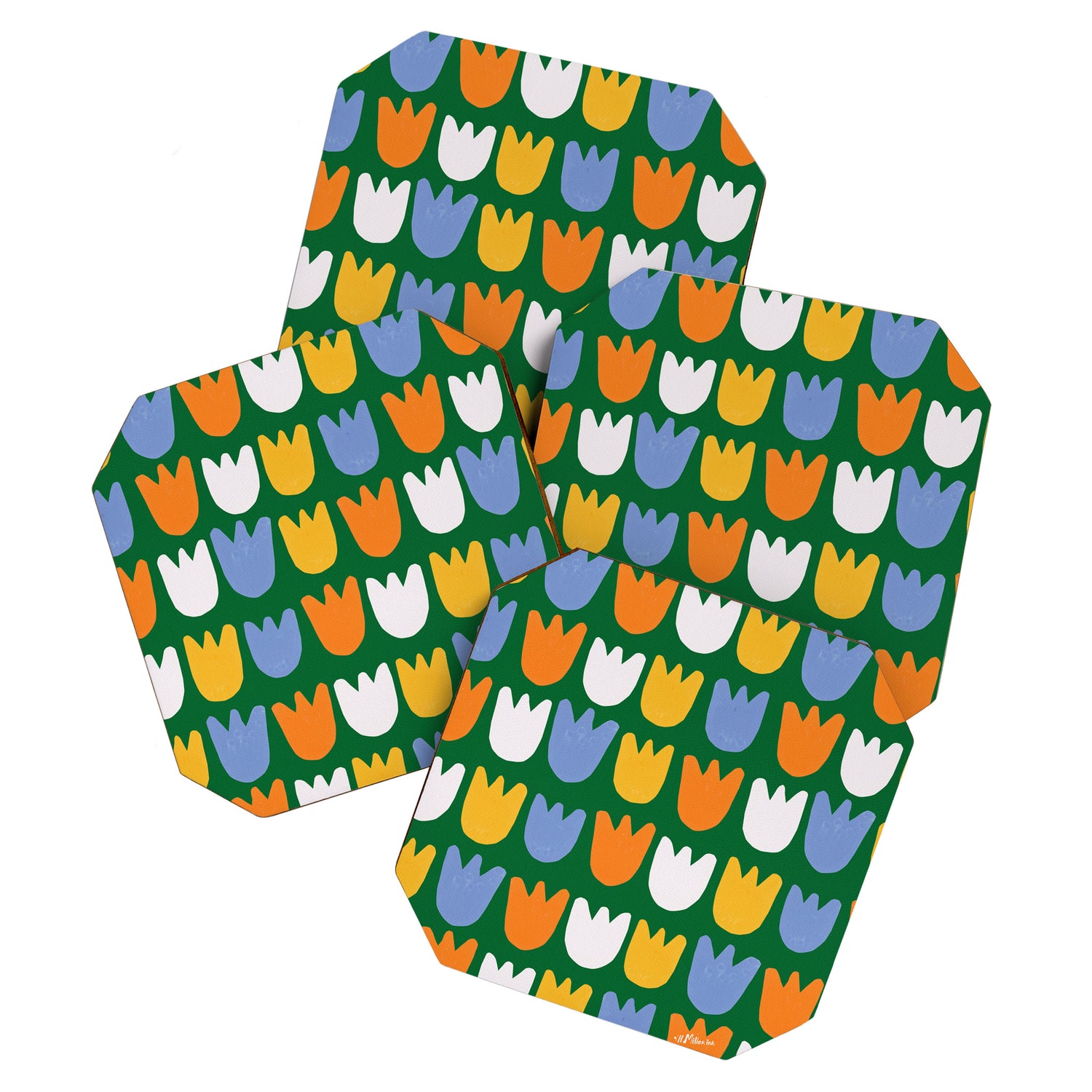 Rows of Tulips in Bloom in Forest Green & Orange Coaster Gallery Image 1