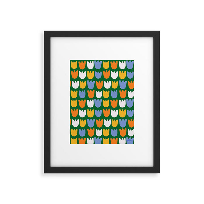 Rows of Tulips in Bloom in Forest Green & Orange Framed Art Print Gallery Image 1