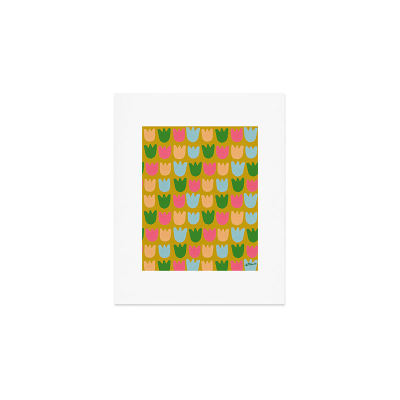 Rows of Tulips in Bloom in Yellow Ochre & Peach Art Print Gallery Image 1