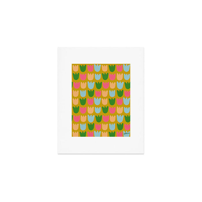 Rows of Tulips in Bloom in Yellow Ochre & Peach Art Print Gallery Image 1