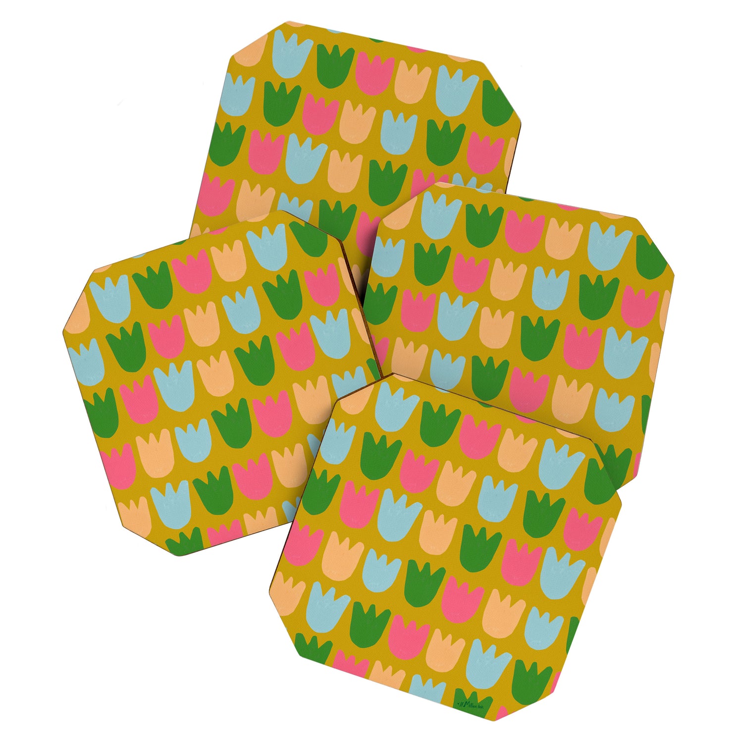 Rows of Tulips in Bloom in Yellow Ochre & Peach Coaster Gallery Image 1