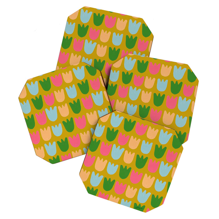 Rows of Tulips in Bloom in Yellow Ochre & Peach Coaster Gallery Image 1