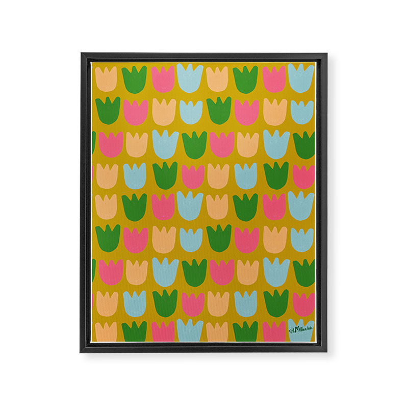 Rows of Tulips in Bloom in Yellow Ochre & Peach Framed Canvas Print Gallery Image 6