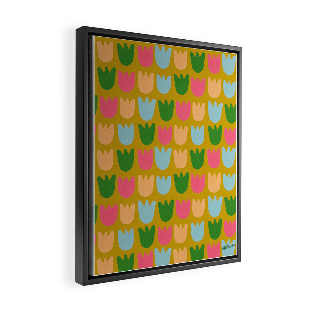 Rows of Tulips in Bloom in Yellow Ochre & Peach Framed Canvas Print Gallery Image 2