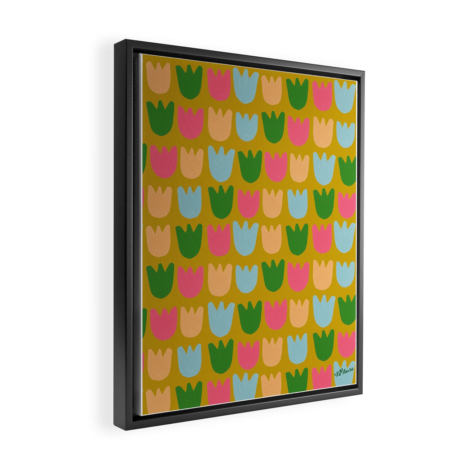 Rows of Tulips in Bloom in Yellow Ochre & Peach Framed Canvas Print Gallery Image 2