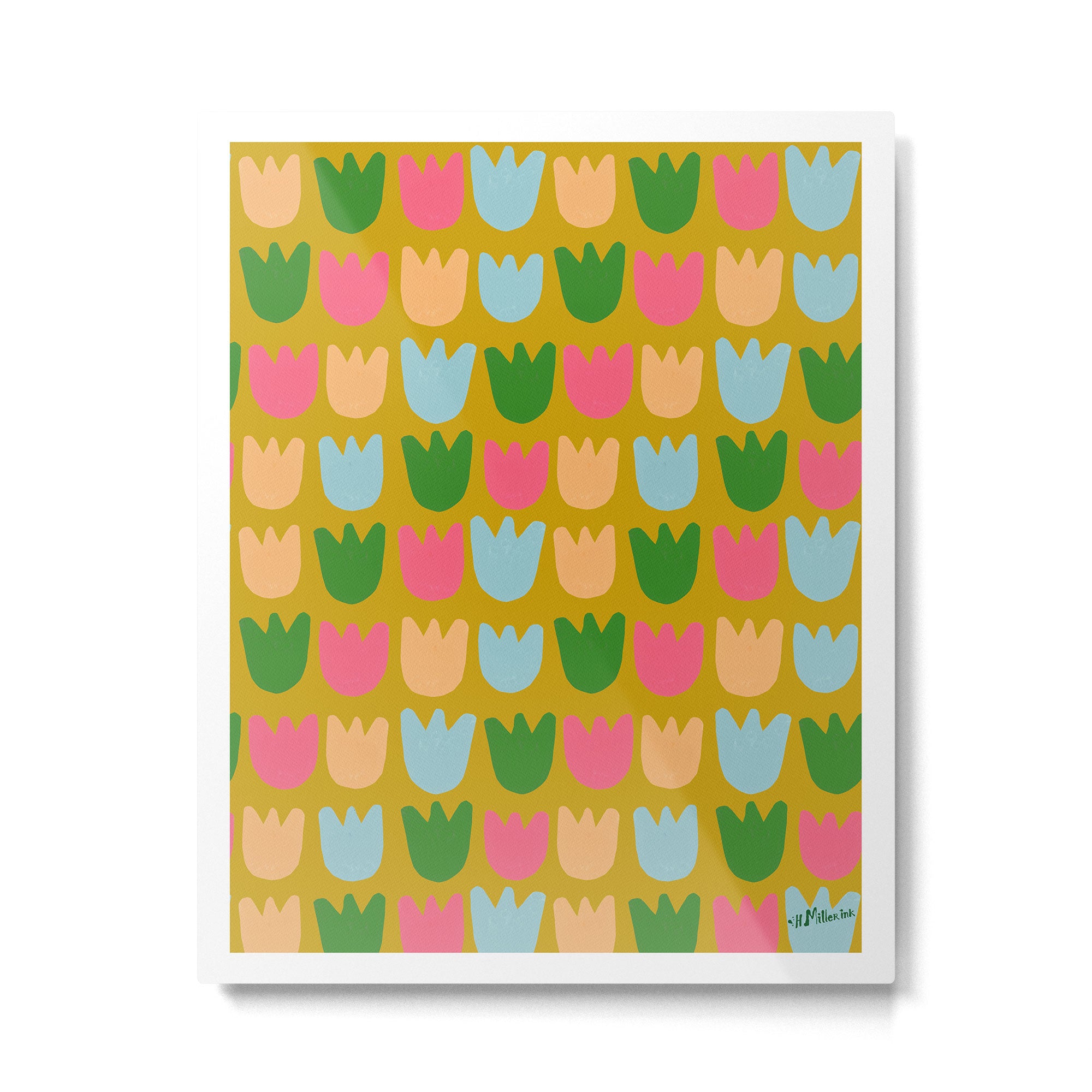 Rows of Tulips in Bloom in Yellow Ochre & Peach Metal Print Gallery Image 4