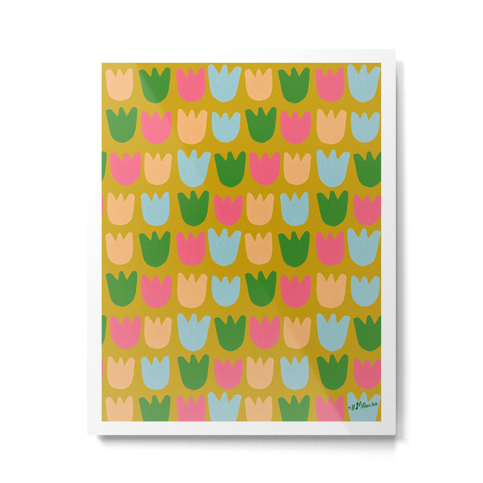 Rows of Tulips in Bloom in Yellow Ochre & Peach Metal Print Gallery Image 1