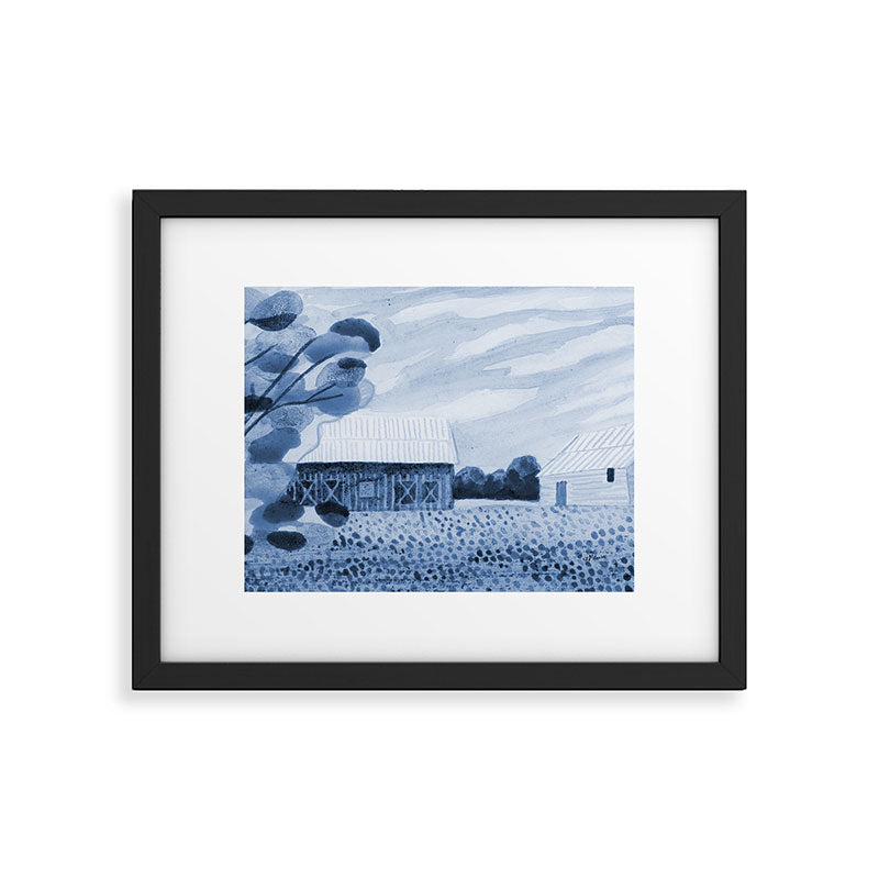 Rustic Country Barn Painting in Navy Blue Framed Art Print Gallery Image 5
