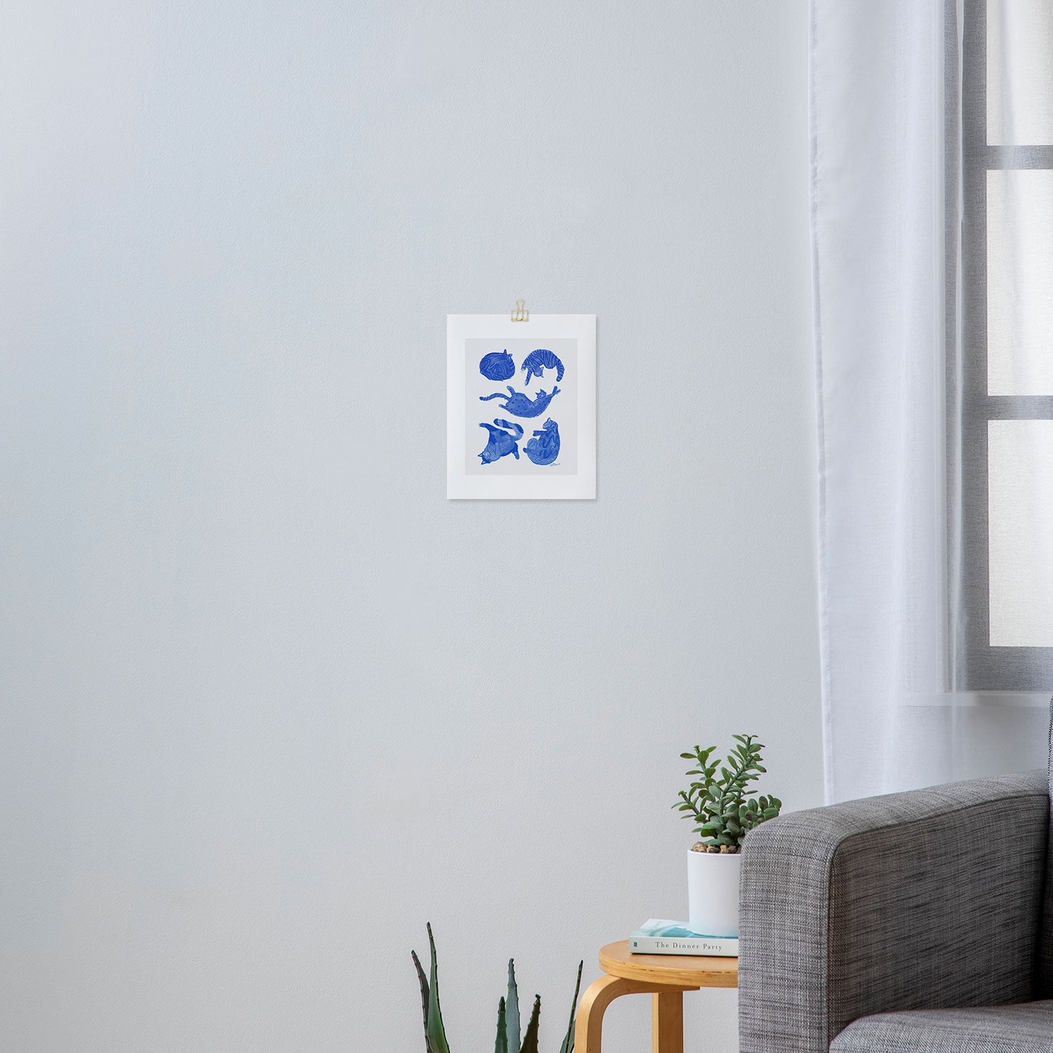 Sleepy Cozy Kitty Cats in Royal Blue & White Art Print Gallery Image 3