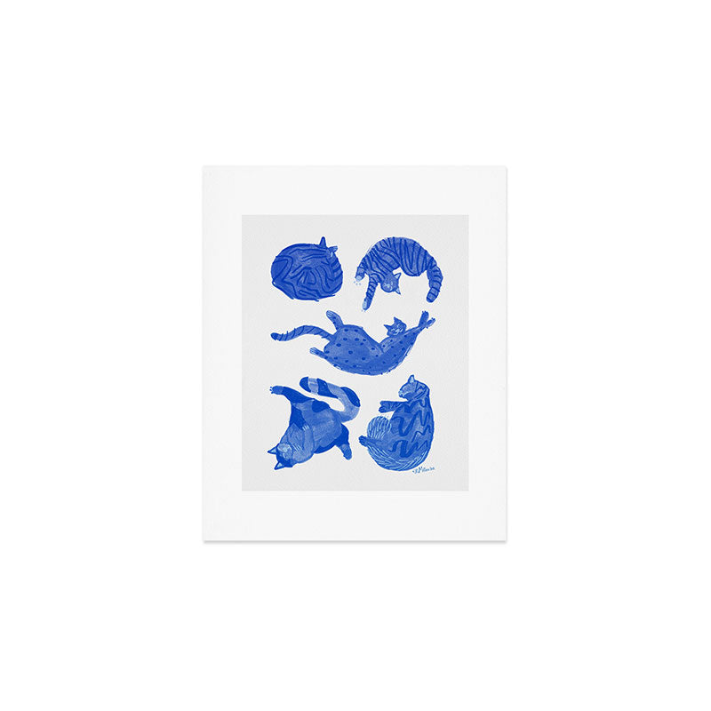 Sleepy Cozy Kitty Cats in Royal Blue & White Art Print Gallery Image 1