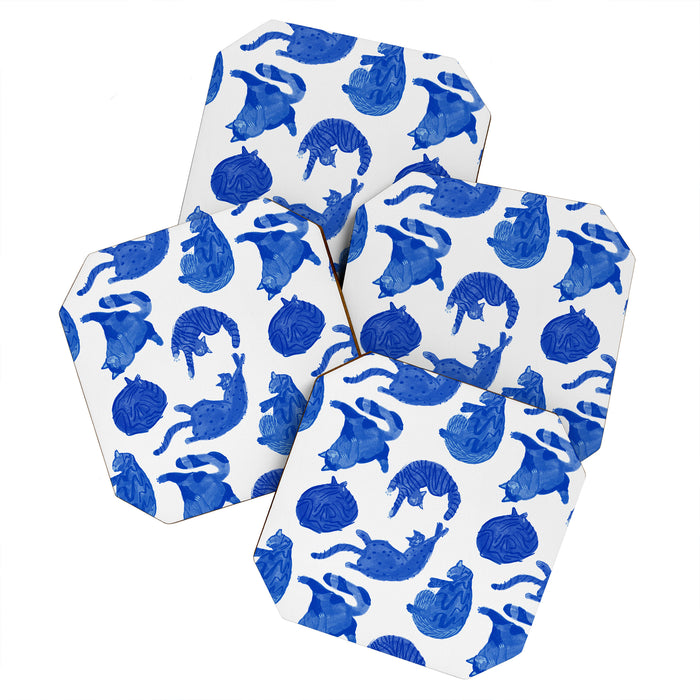 Sleepy Cozy Kitty Cats in Royal Blue & White Coaster Gallery Image 1