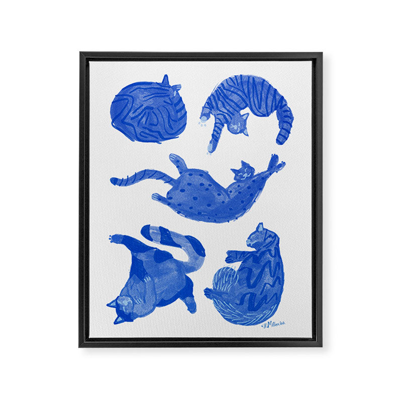 Sleepy Cozy Kitty Cats in Royal Blue & White Framed Canvas Print Gallery Image 6