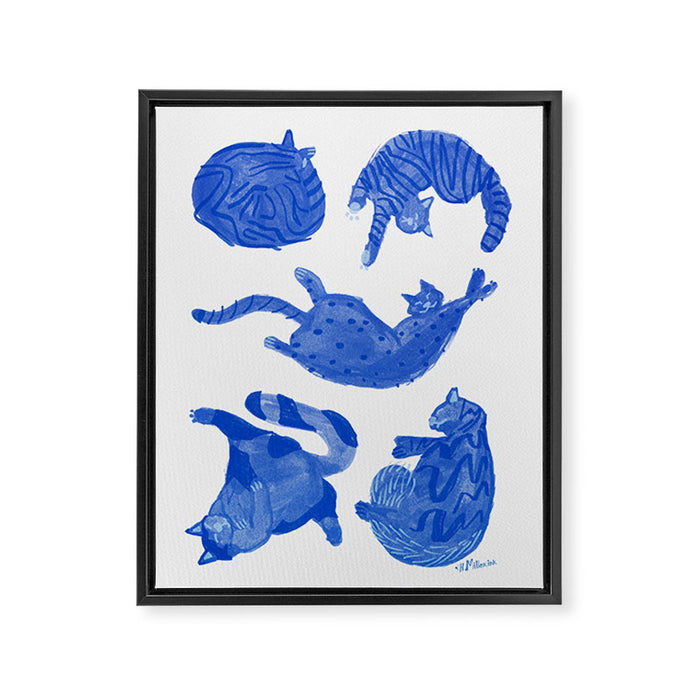 Sleepy Cozy Kitty Cats in Royal Blue & White Framed Canvas Print Gallery Image 1
