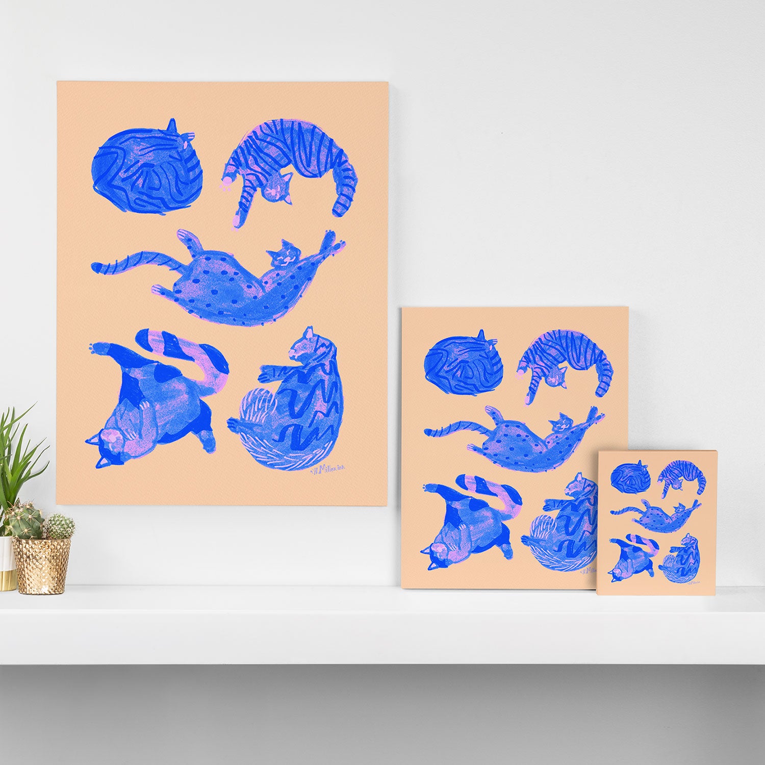 Sleepy Cozy Kitty Cats in Blue & Pink Canvas Print Gallery Image 3