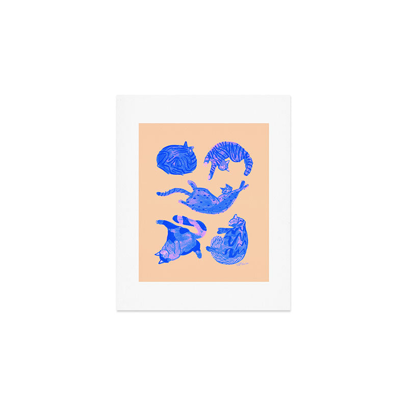 Sleepy Cozy Kitty Cats in Blue & Pink Art Print Gallery Image 1