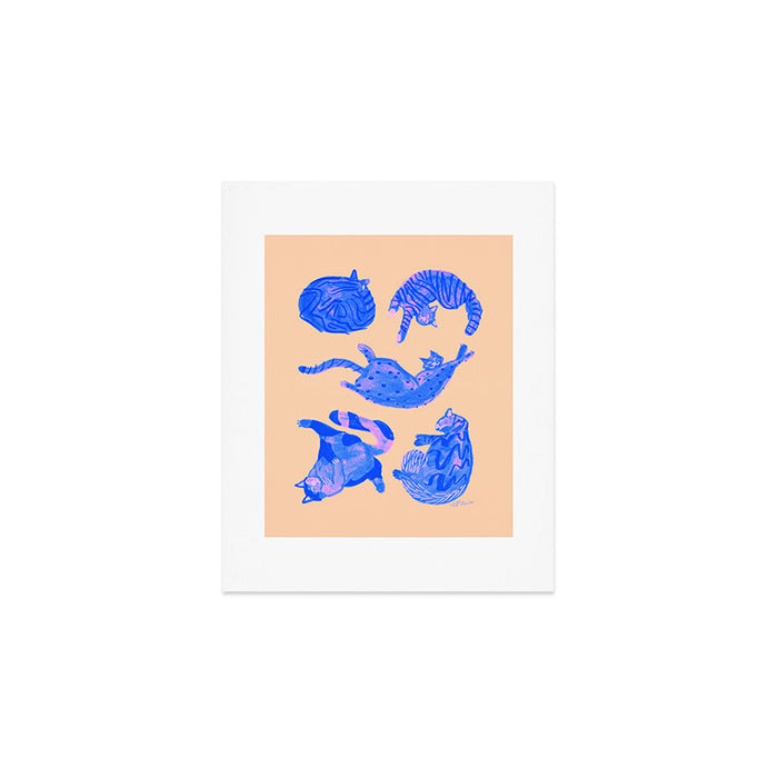 Sleepy Cozy Kitty Cats in Blue & Pink Art Print Gallery Image 1