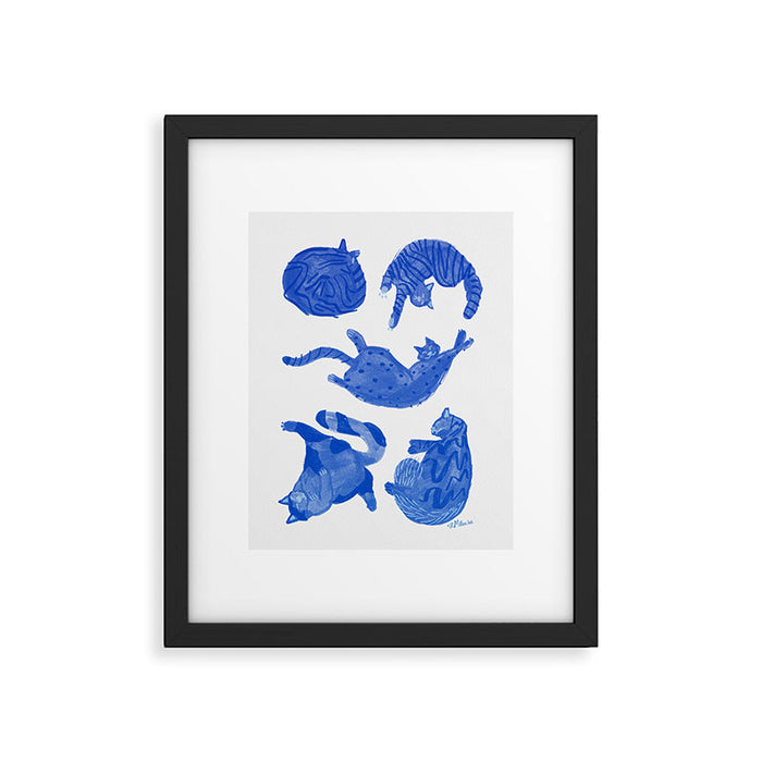 Sleepy Cozy Kitty Cats in Royal Blue & White Framed Art Print Gallery Image 1
