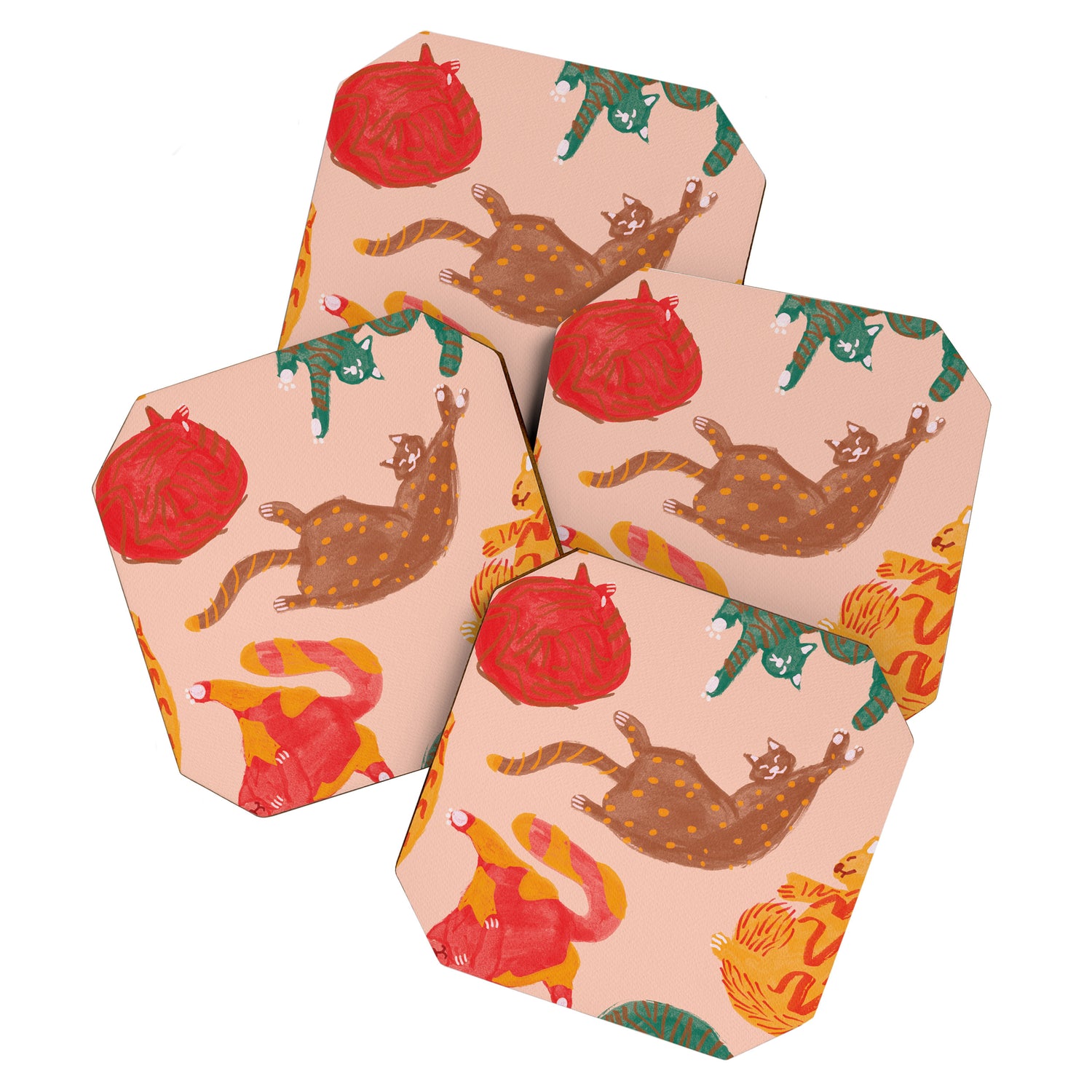 Sleepy Cozy Kitty Cats in Green & Orange Coaster Gallery Image 1