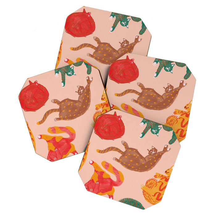 Sleepy Cozy Kitty Cats in Green & Orange Coaster Gallery Image 1