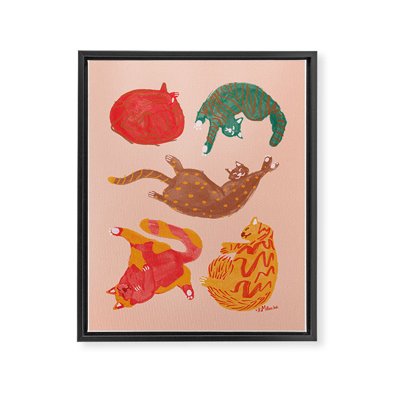 Sleepy Cozy Kitty Cats in Green & Orange Framed Canvas Print Gallery Image 6