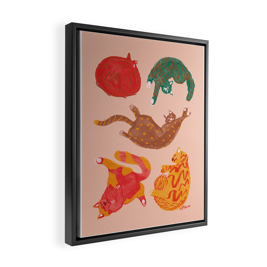 Sleepy Cozy Kitty Cats in Green & Orange Framed Canvas Print Gallery Image 2