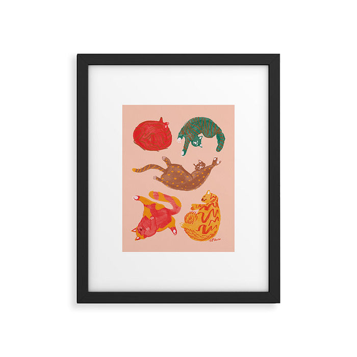 Sleepy Cozy Kitty Cats in Green & Orange Framed Art Print Gallery Image 1