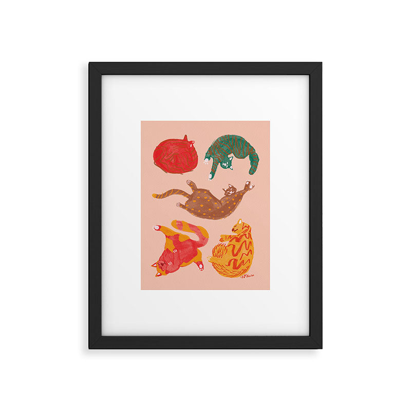 Sleepy Cozy Kitty Cats in Green & Orange Framed Art Print Gallery Image 5