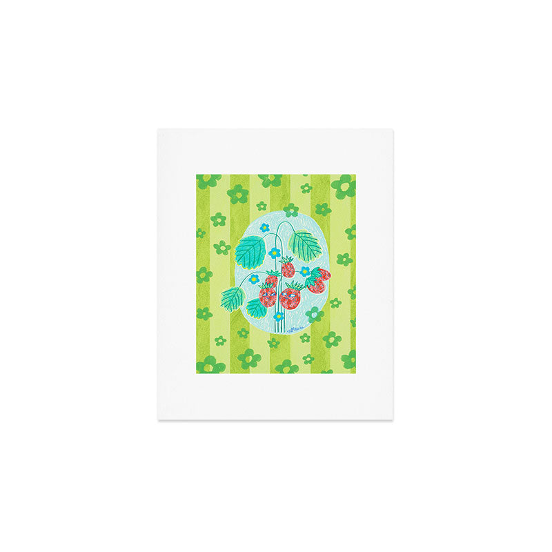 Sweet Strawberry Plant Friends in Lime & Pink Art Print Gallery Image 1