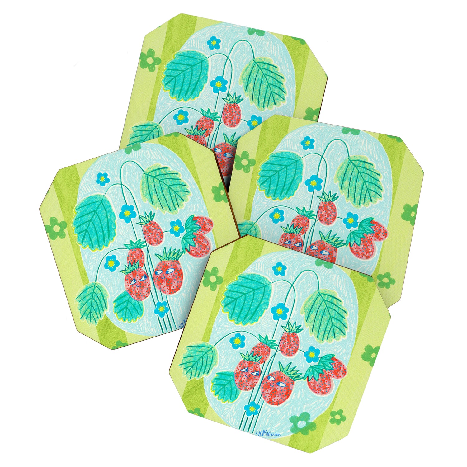 Sweet Strawberry Plant Friends in Lime & Pink Coaster Gallery Image 1