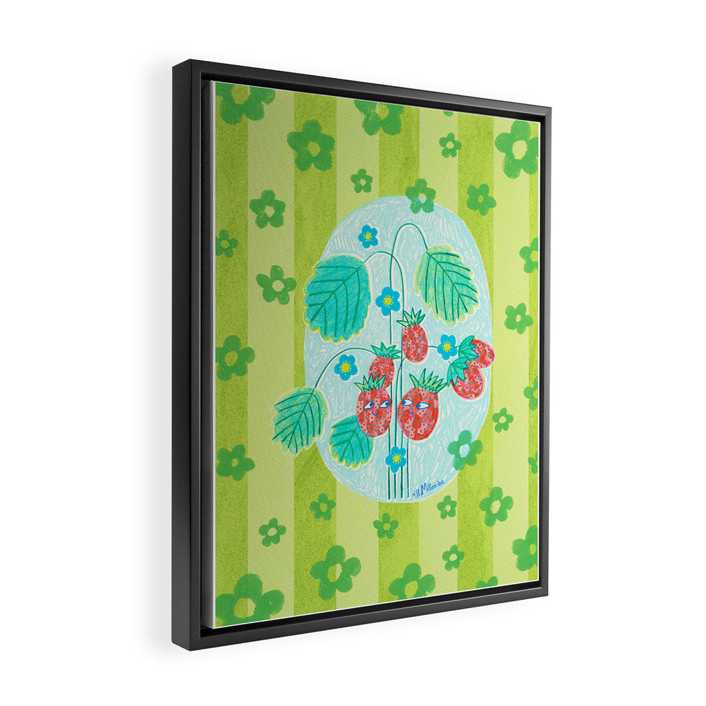 Sweet Strawberry Plant Friends in Lime & Pink Framed Canvas Print Gallery Image 2