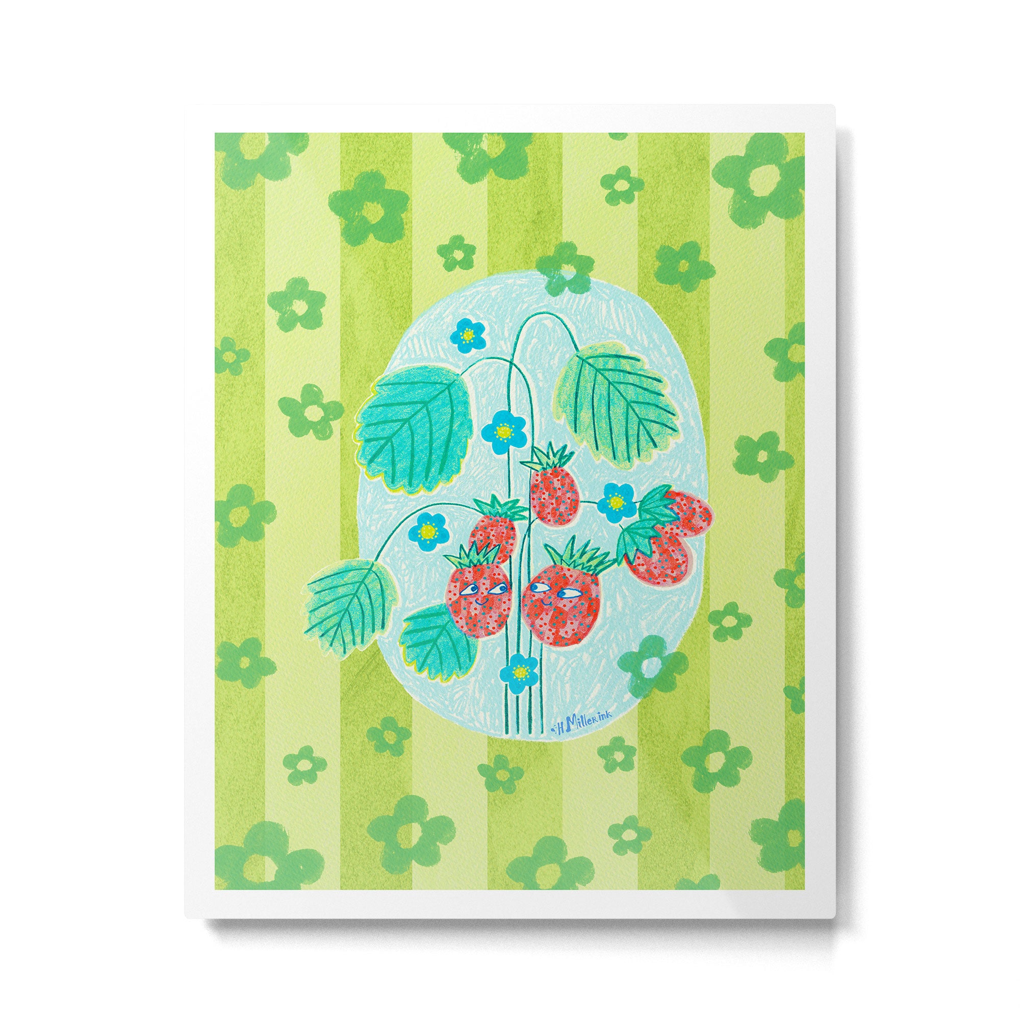Sweet Strawberry Plant Friends in Lime & Pink Metal Print Gallery Image 4