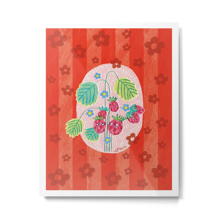 Sweet Strawberry Plant Friends in Red & Pink Metal Print Gallery Image 1