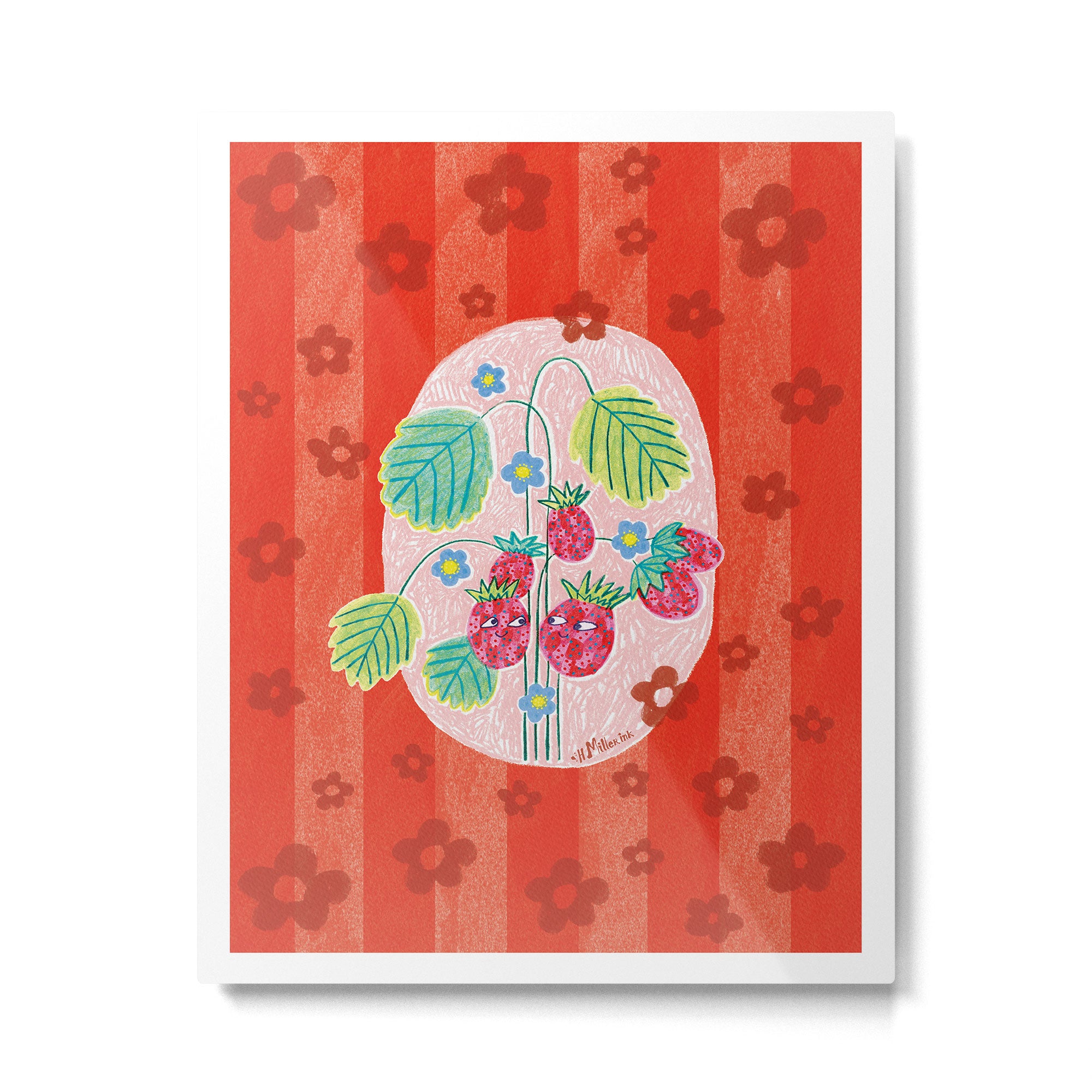 Sweet Strawberry Plant Friends in Red & Pink Metal Print Gallery Image 4