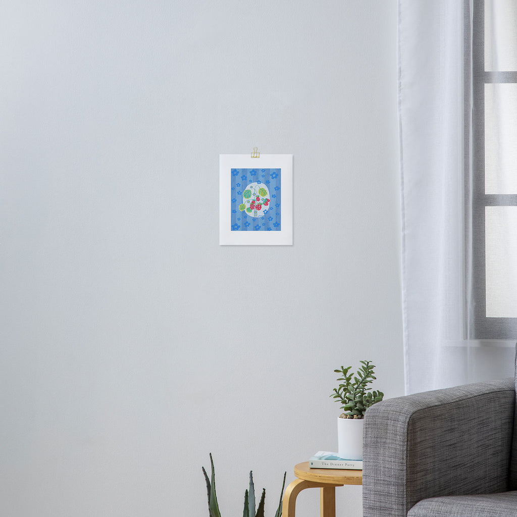 Sweet Strawberry Plant Friends in Sky Blue & Pink Art Print Gallery Image 3