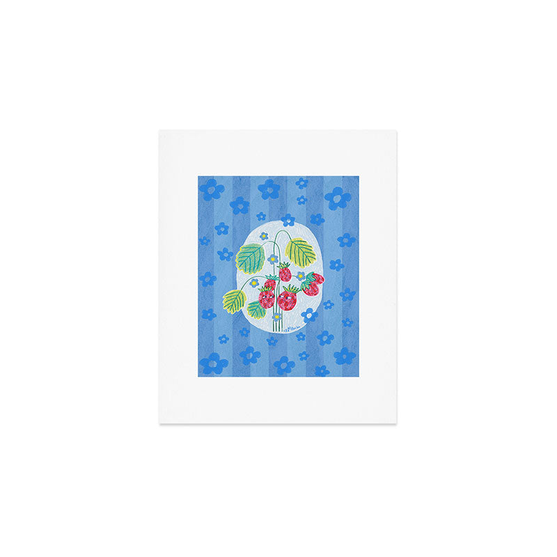 Sweet Strawberry Plant Friends in Sky Blue & Pink Art Print Gallery Image 1