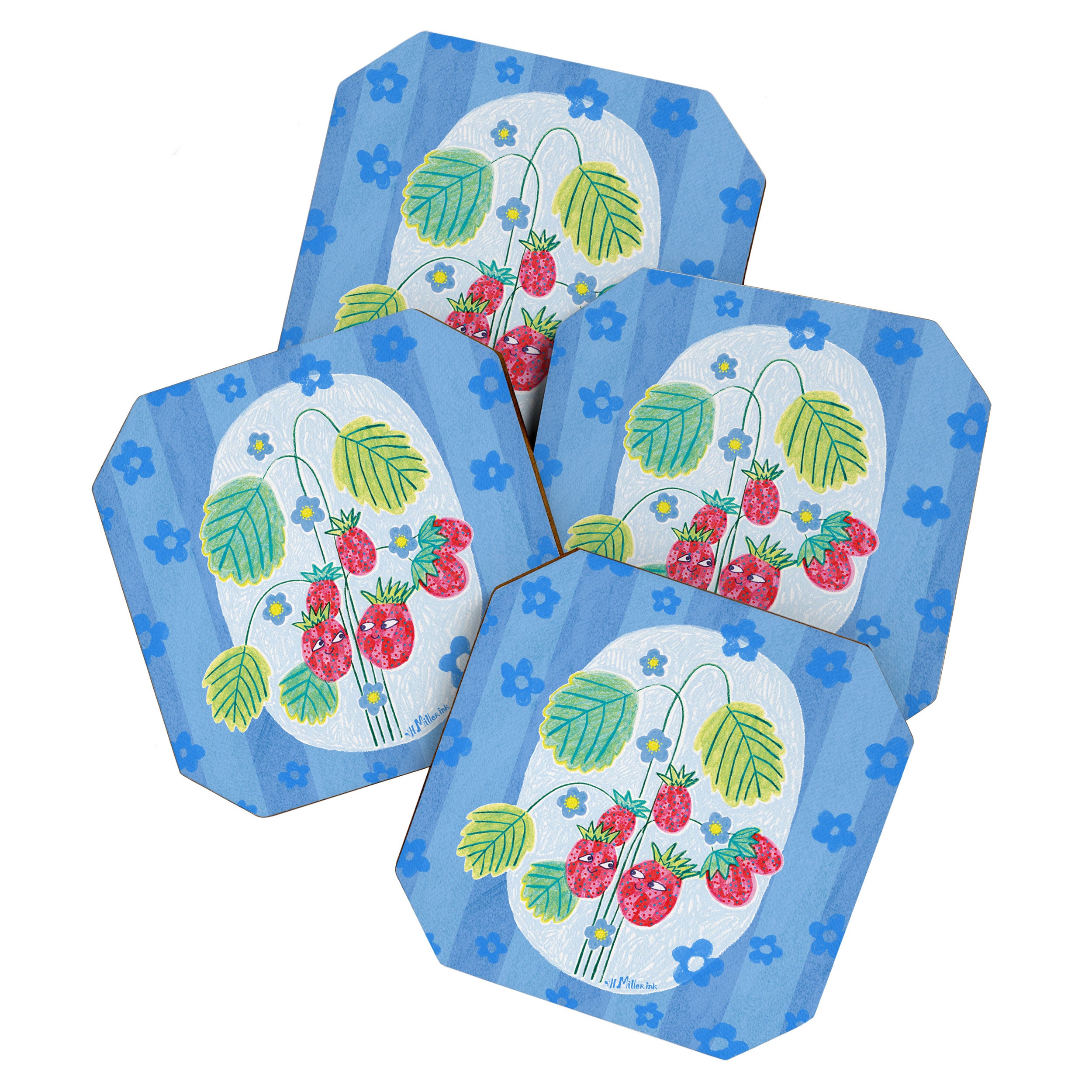Sweet Strawberry Plant Friends in Sky Blue & Pink Coaster Gallery Image 1